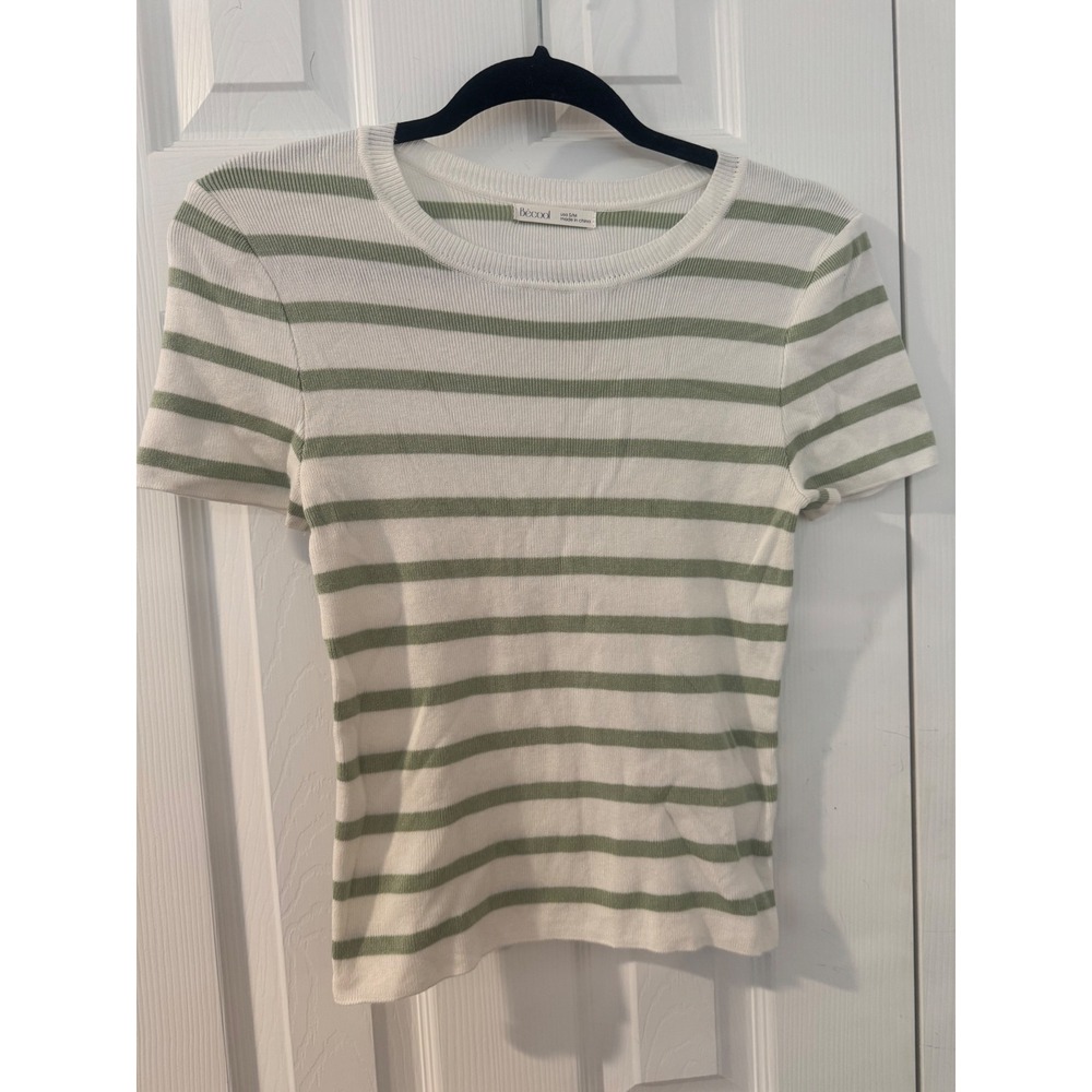 Becool Sage Green White Striped Ribbed Knit Short Sleeve Top S/M Crew Neck
